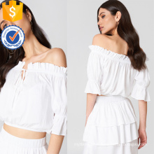 White Off-Shoulder Three Quarter Length Sleeve Ruffled Summer Top Manufacture Wholesale Fashion Women Apparel (TA0086T)